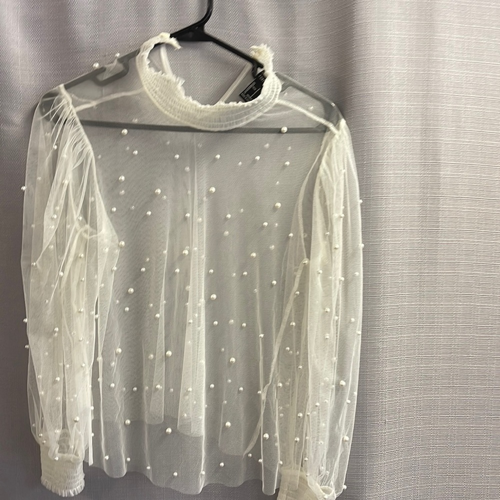 Forever 21 transparent pearl mesh long sleeved shirt